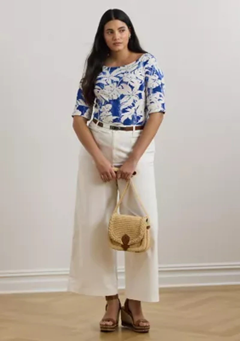 Plus Palm Frond Print Cotton Boat Neck T-Shirt