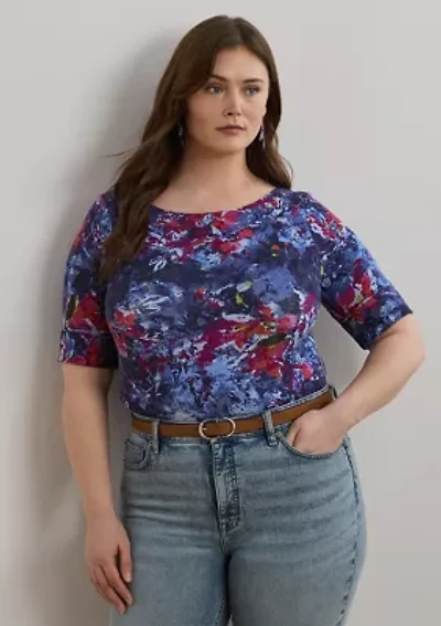 Plus Print Stretch Cotton Boatneck Tee