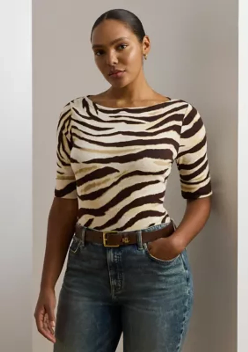 Plus Zebra Print Stretch Cotton Boat Neck T-Shirt