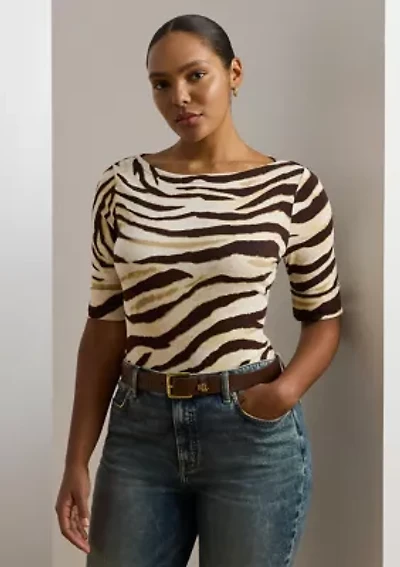 Plus Zebra Print Stretch Cotton Boat Neck T-Shirt