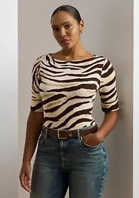 Plus Zebra Print Stretch Cotton Boat Neck T-Shirt