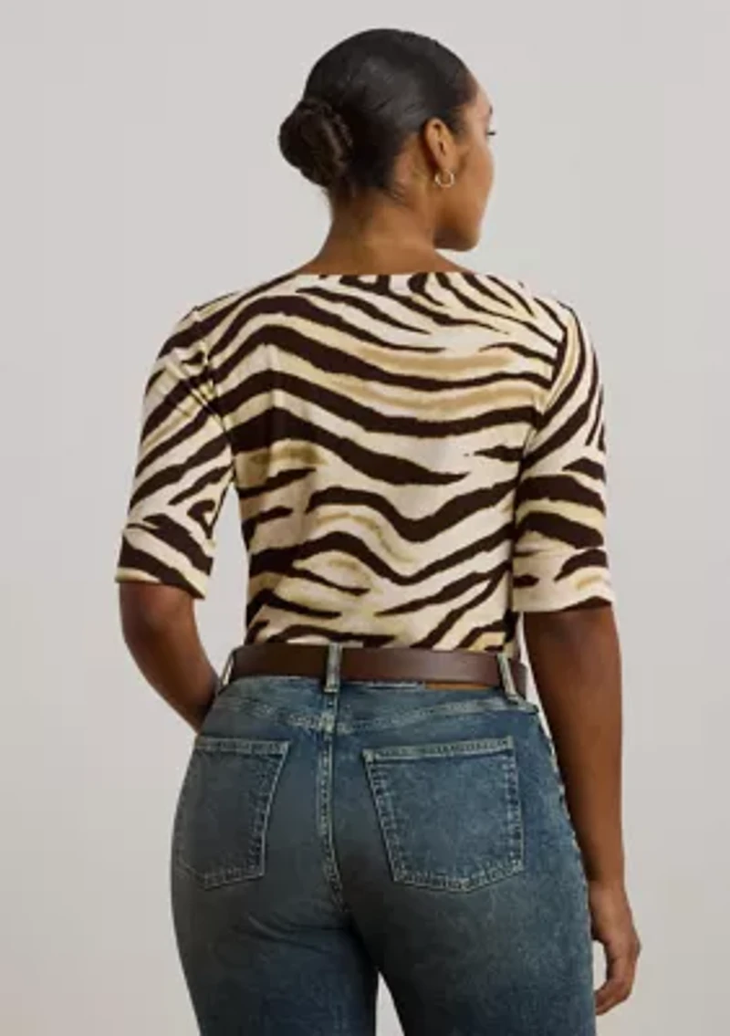 Plus Zebra Print Stretch Cotton Boat Neck T-Shirt