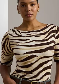 Plus Zebra Print Stretch Cotton Boat Neck T-Shirt