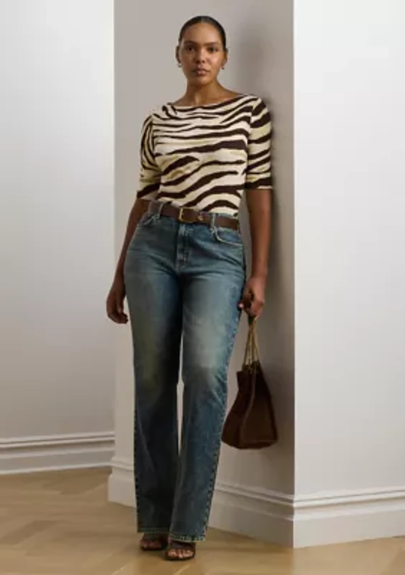 Plus Zebra Print Stretch Cotton Boat Neck T-Shirt