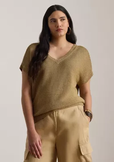 Women's Linen-Blend Short-Sleeve V-Neck Sweater