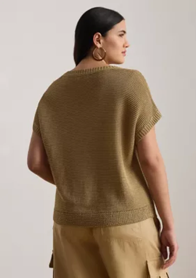 Women's Linen-Blend Short-Sleeve V-Neck Sweater