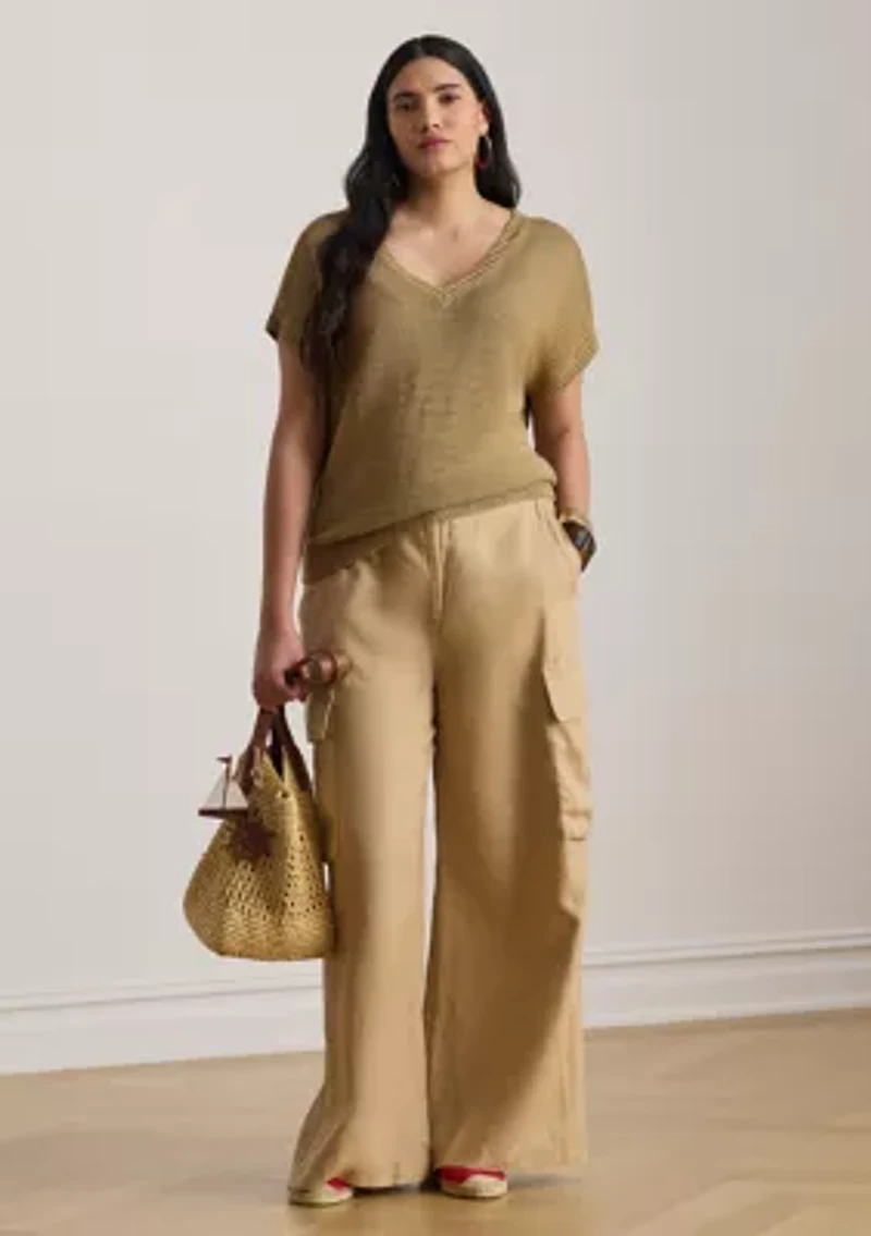 Women's Linen-Blend Short-Sleeve V-Neck Sweater
