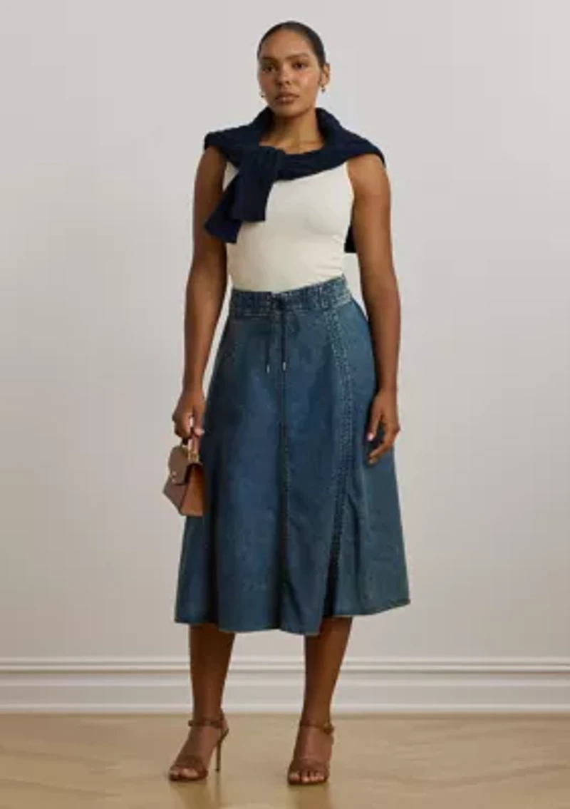Plus Denim Drawcord Midi Skirt