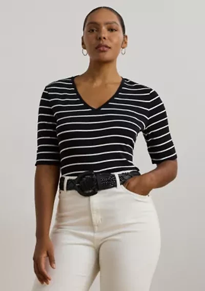 Women's Striped Cotton Elbow Sleeve V-Neck T-Shirt