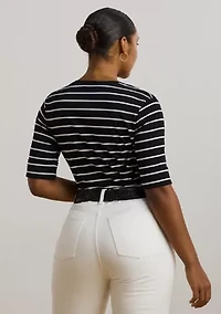 Women's Striped Cotton Elbow Sleeve V-Neck T-Shirt