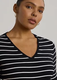 Women's Striped Cotton Elbow Sleeve V-Neck T-Shirt