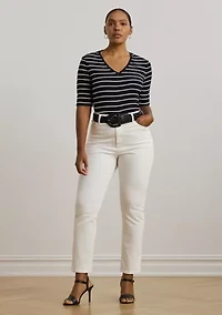 Women's Striped Cotton Elbow Sleeve V-Neck T-Shirt