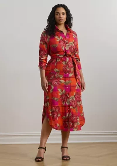 Plus Floral Checked Linen Shirtdress