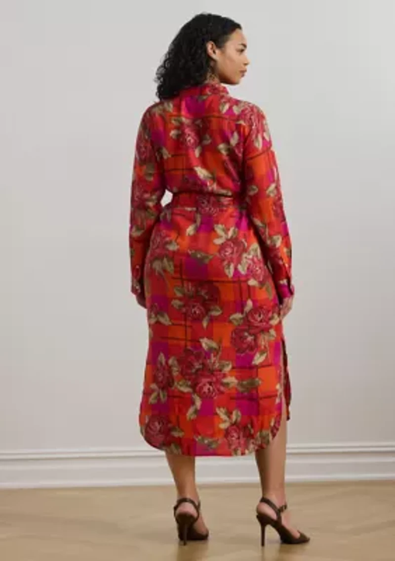Plus Floral Checked Linen Shirtdress