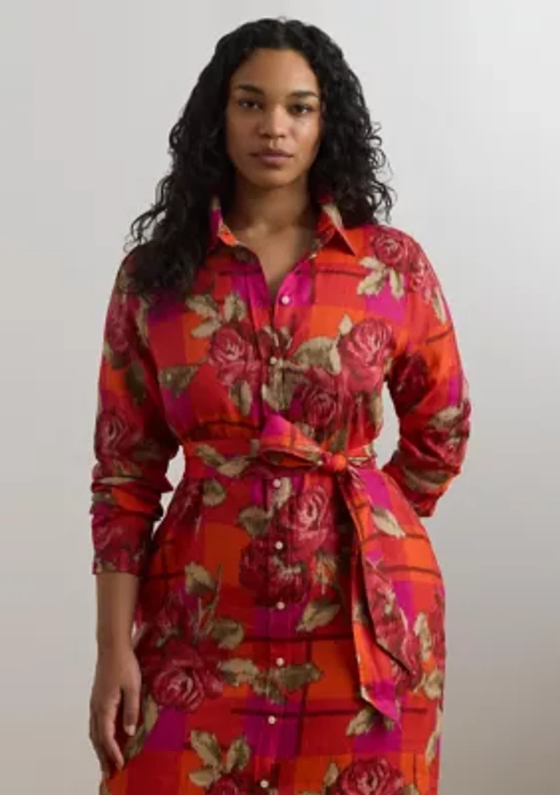 Plus Floral Checked Linen Shirtdress