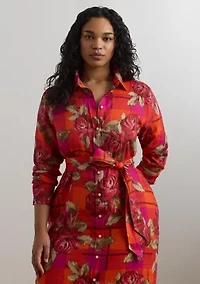 Plus Floral Checked Linen Shirtdress