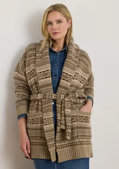 Plus Fair Isle Belted Wool-Blend Cardigan