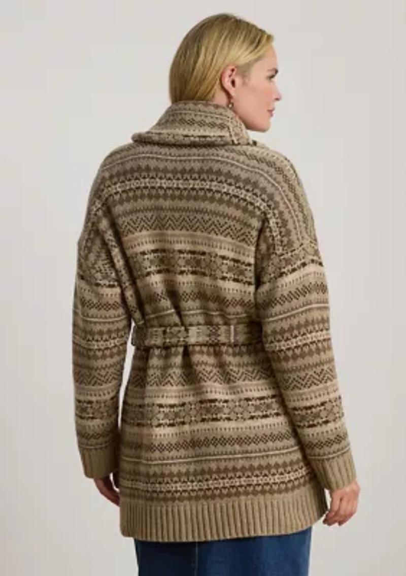 Plus Fair Isle Belted Wool-Blend Cardigan