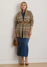 Plus Fair Isle Belted Wool-Blend Cardigan