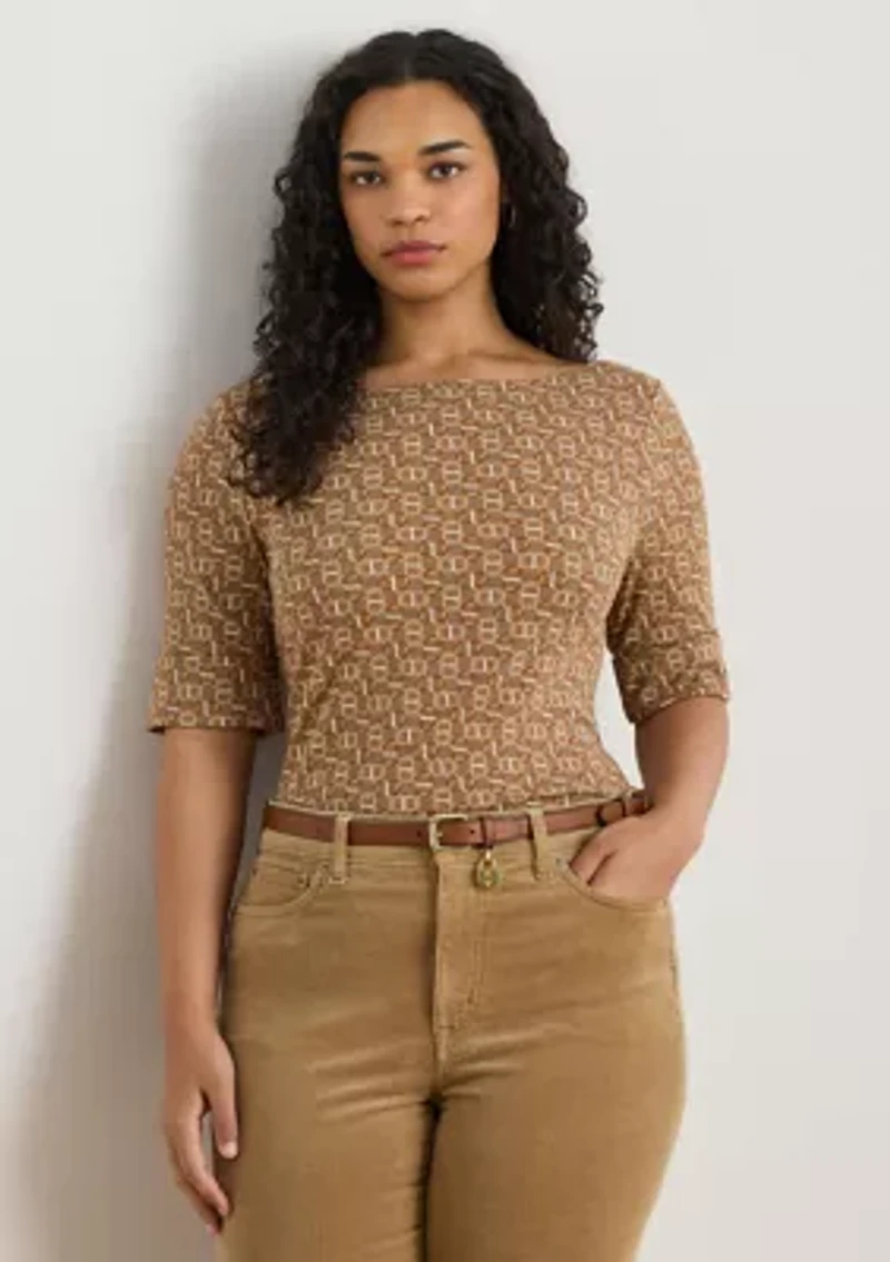 Plus Geo-Print Stretch Cotton Boatneck Tee