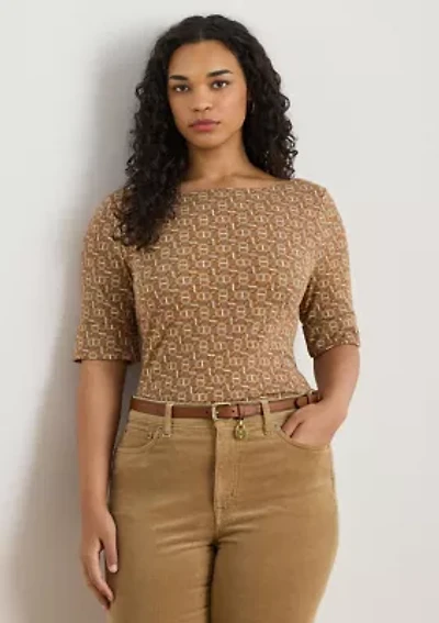 Plus Geo-Print Stretch Cotton Boatneck Tee