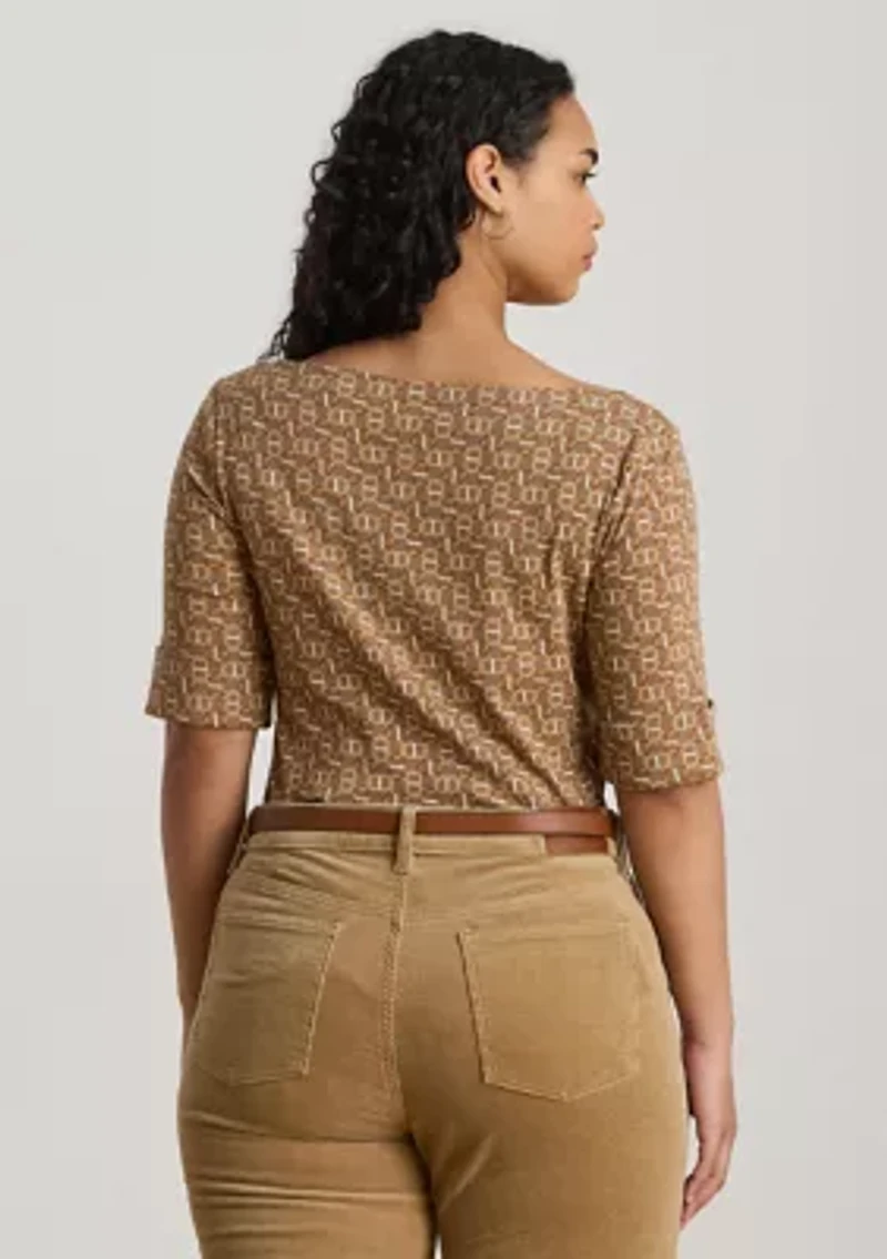 Plus Geo-Print Stretch Cotton Boatneck Tee