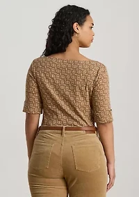 Plus Geo-Print Stretch Cotton Boatneck Tee