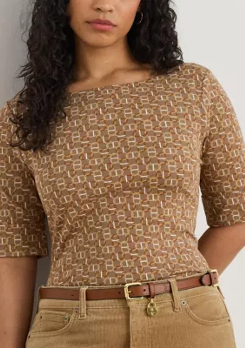 Plus Geo-Print Stretch Cotton Boatneck Tee