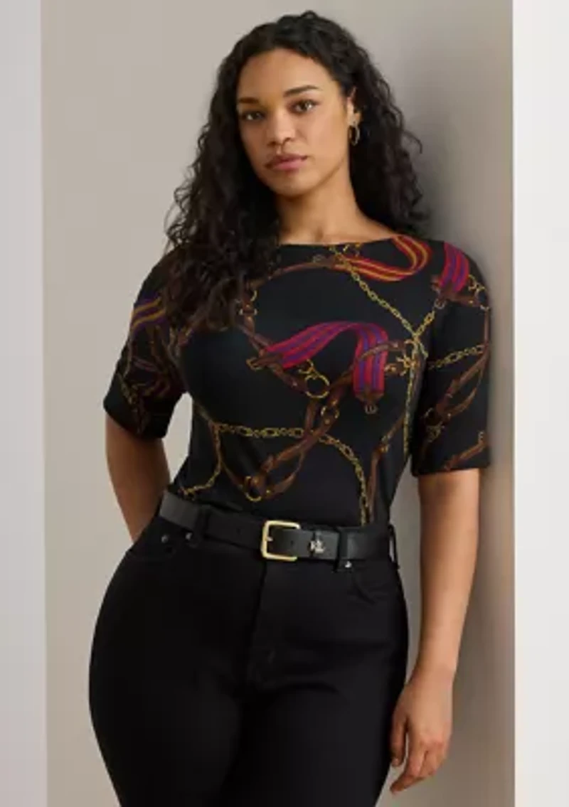 Print Stretch Cotton Boatneck T-Shirt