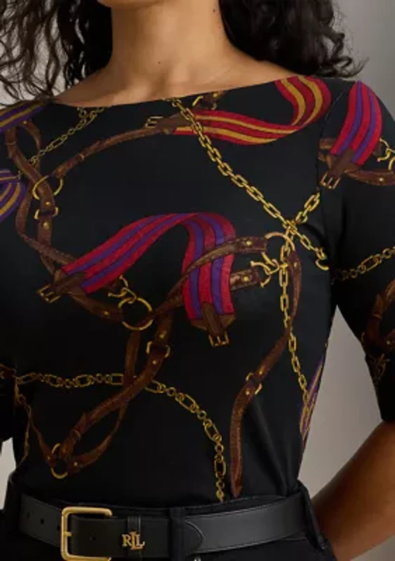 Print Stretch Cotton Boatneck T-Shirt