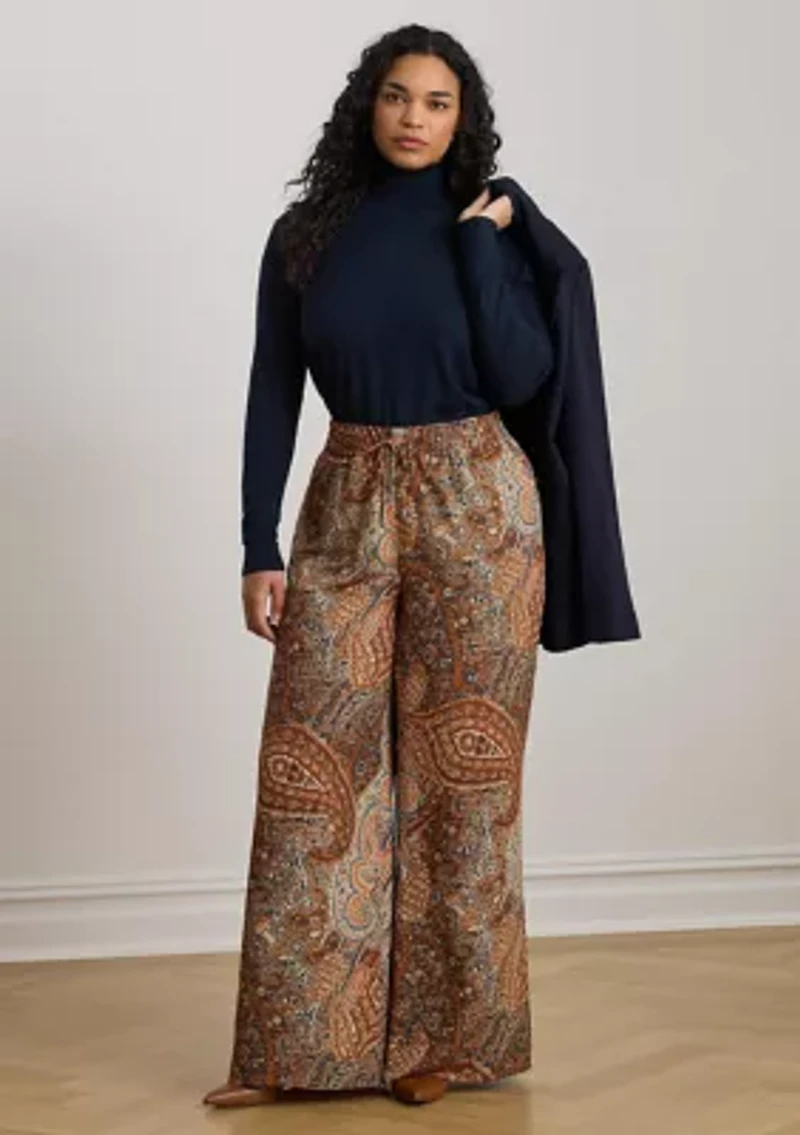 Plus Paisley Crepe Wide-Leg Pants