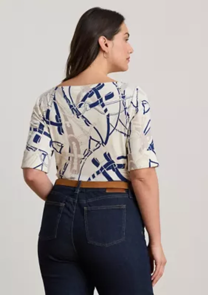 Women's Belting-Print Cotton Boatneck Tee