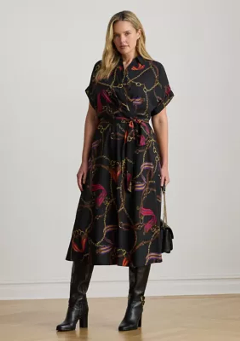 Plus Belting-Print Belted Crepe Fratillio Dress