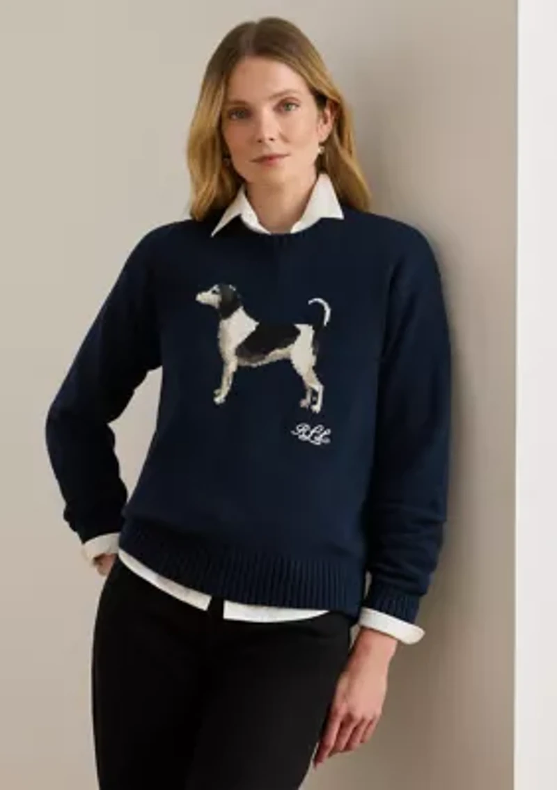 Women's Intarsia-Knit Dog Cotton Sweater