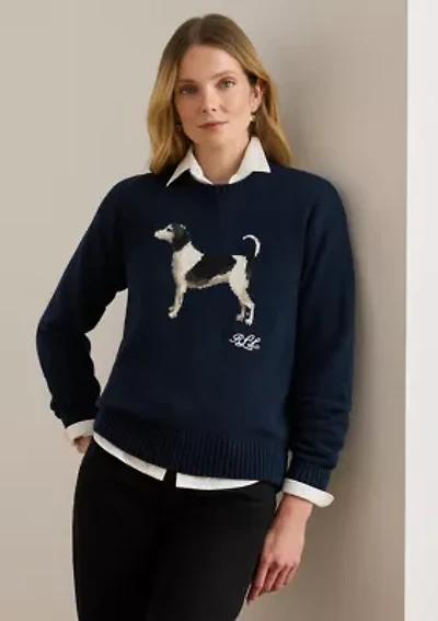 Women's Intarsia-Knit Dog Cotton Sweater