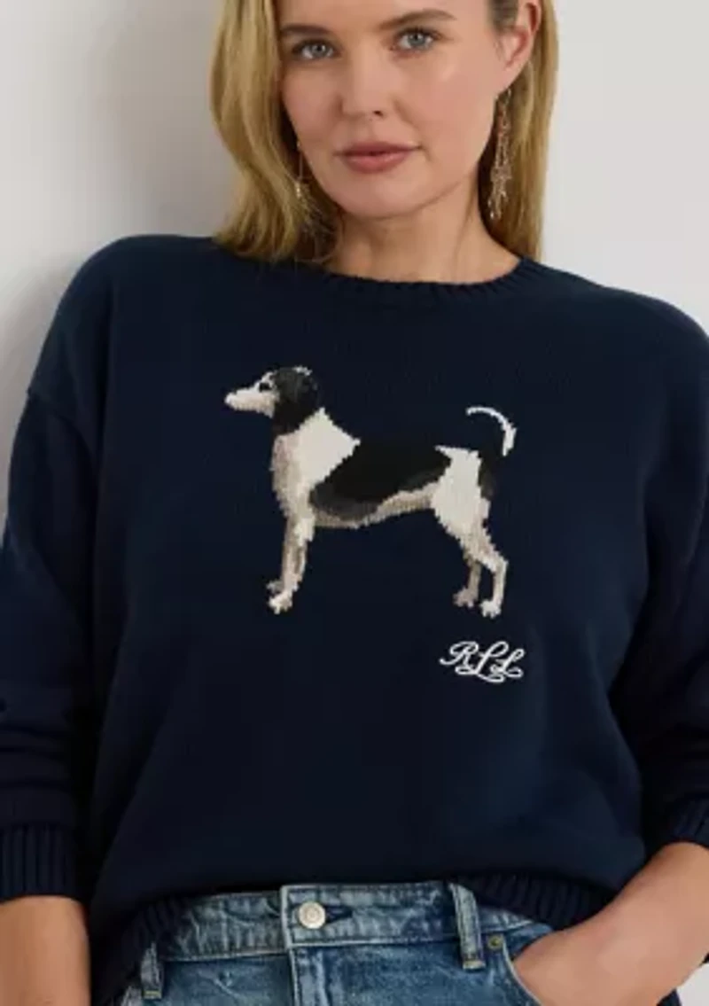 Women's Intarsia-Knit Dog Cotton Sweater