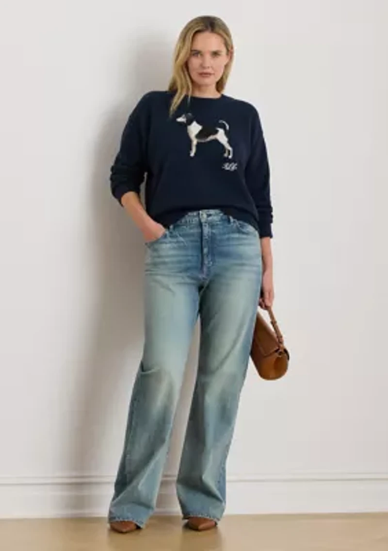 Women's Intarsia-Knit Dog Cotton Sweater