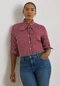 Plus Striped Cotton Broadcloth Tie-Neck Shirt