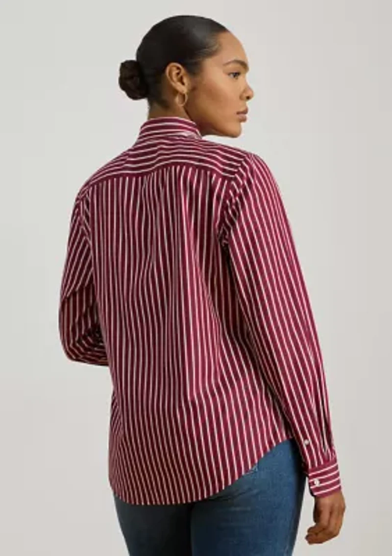 Plus Striped Cotton Broadcloth Tie-Neck Shirt