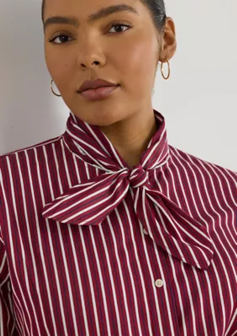 Plus Striped Cotton Broadcloth Tie-Neck Shirt