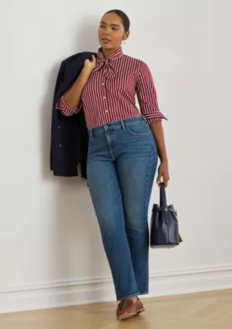 Plus Striped Cotton Broadcloth Tie-Neck Shirt