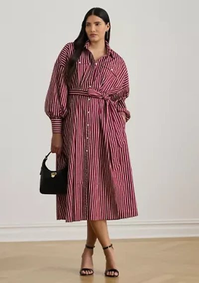 Plus Striped Belted Broadcloth Shirtdress