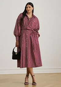 Plus Striped Belted Broadcloth Shirtdress
