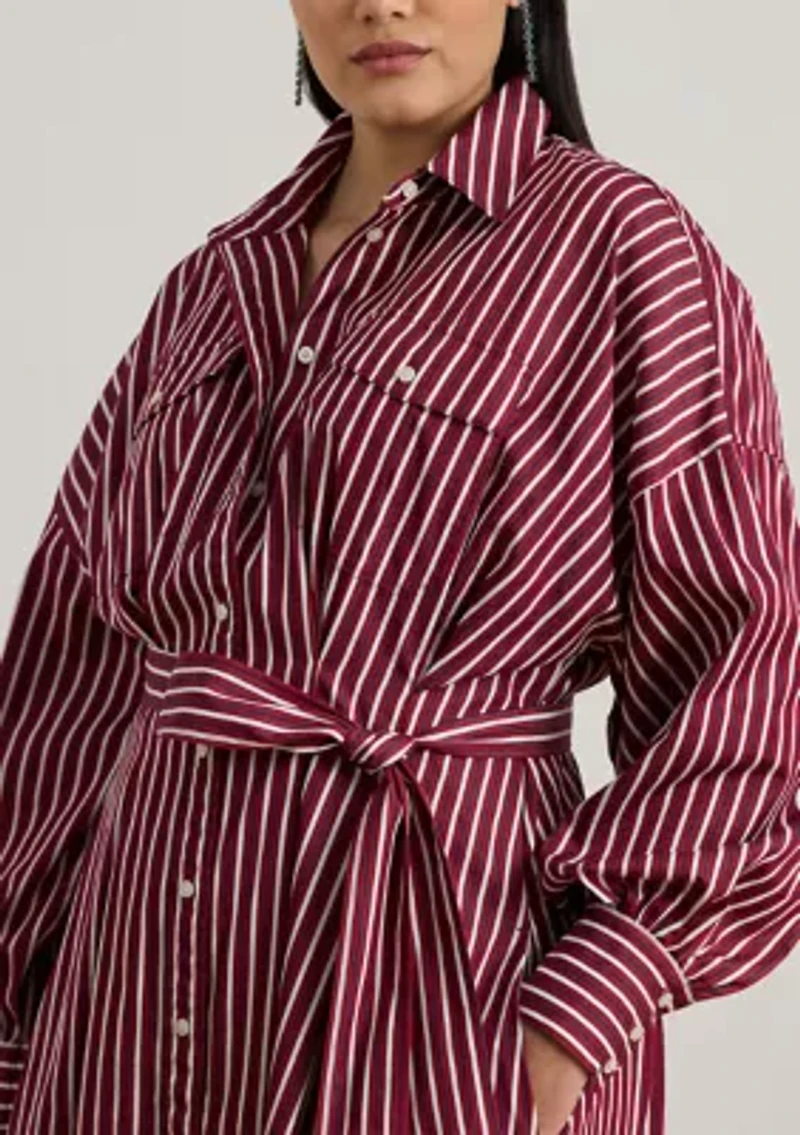Plus Striped Belted Broadcloth Shirtdress