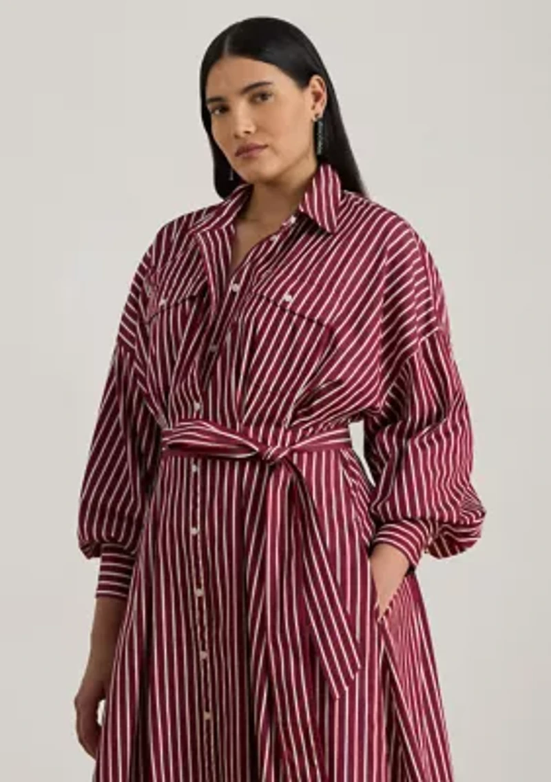 Plus Striped Belted Broadcloth Shirtdress