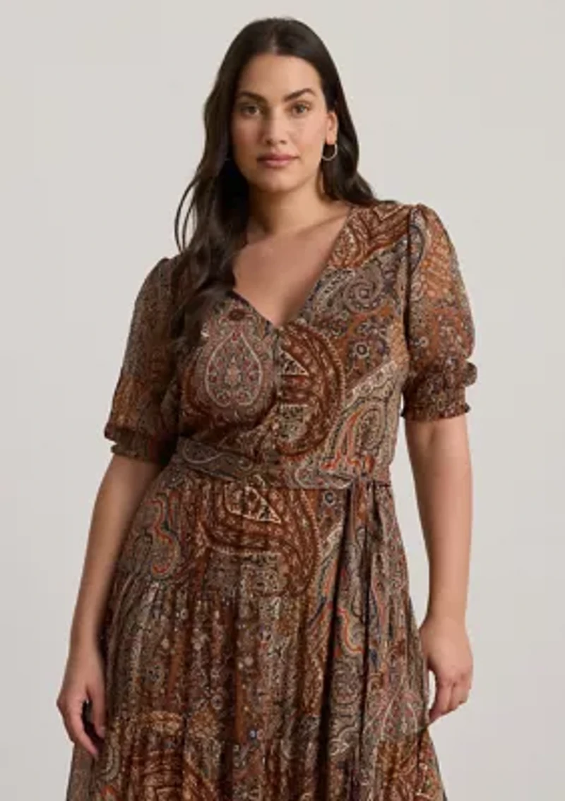 Plus Paisley Belted Crinkle Georgette Dress