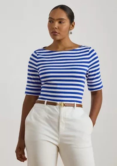 Plus Striped Stretch Cotton Boatneck T-Shirt