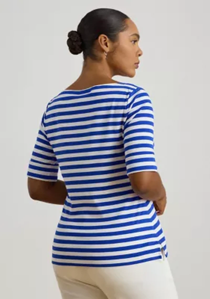Plus Striped Stretch Cotton Boatneck T-Shirt