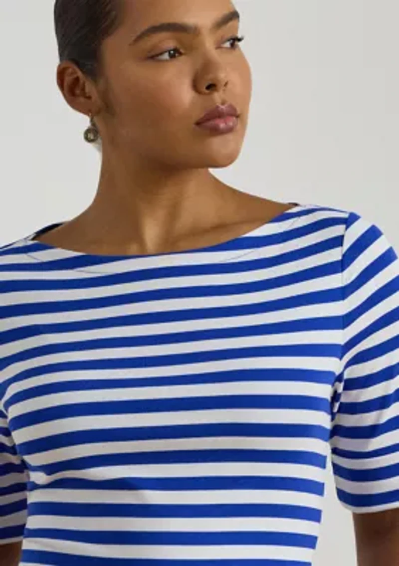 Plus Striped Stretch Cotton Boatneck T-Shirt