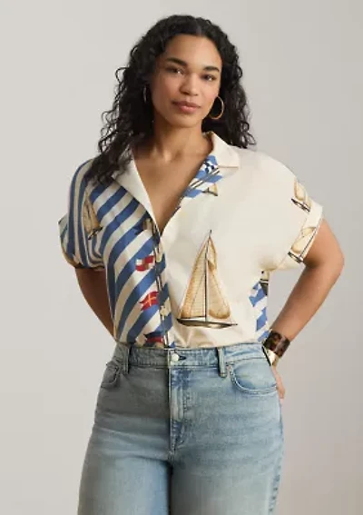 Striped Sailboat-Print Crepe Camp Shirt